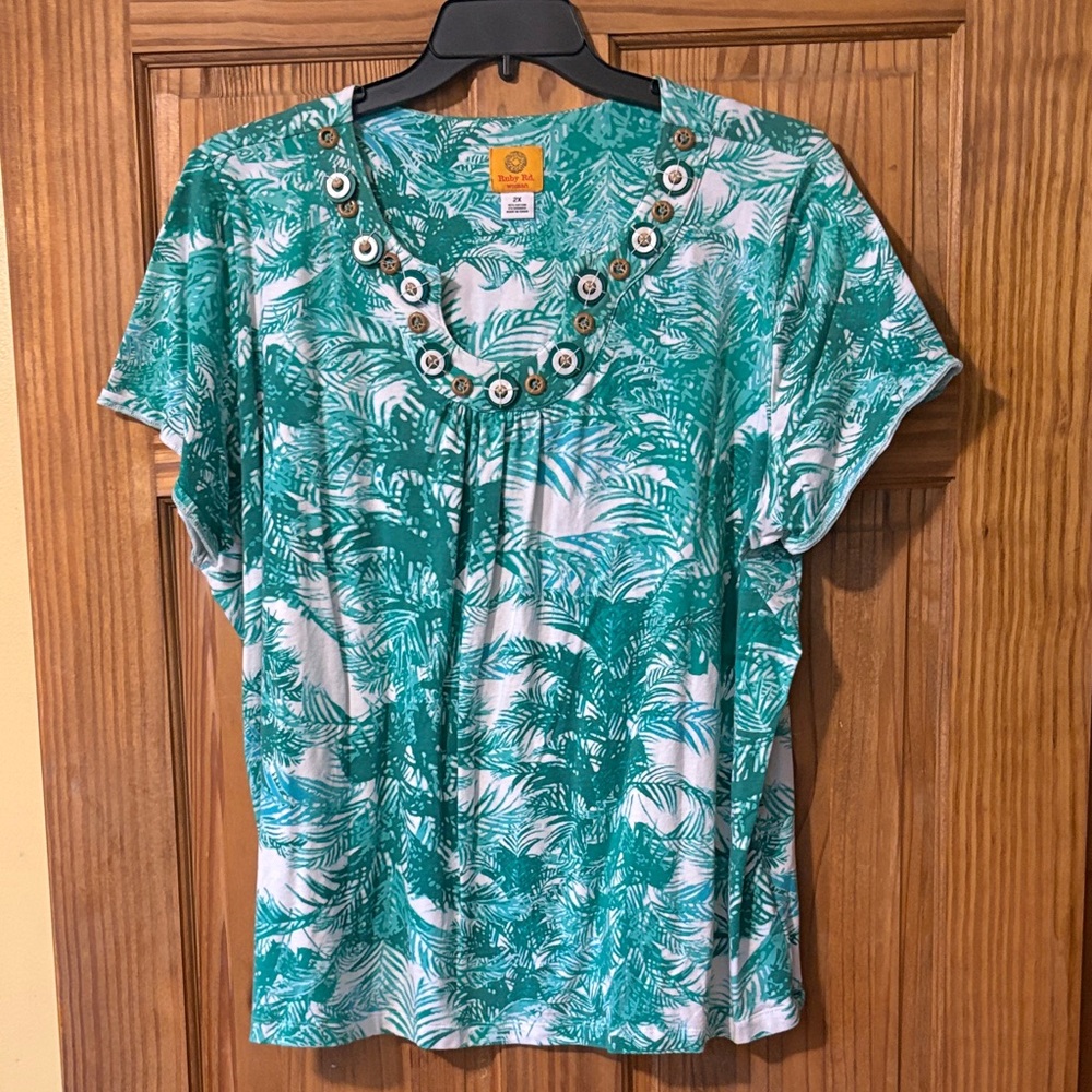 Ruby Rd. Teal Leaf Print Short Sleeve Top